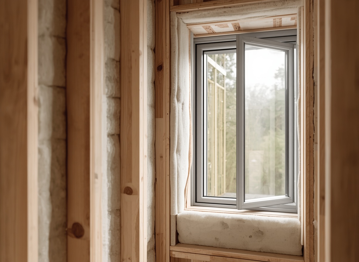High-performance building envelope detail — mineral wool insulation packed around a triple-glazed window in a timber frame
