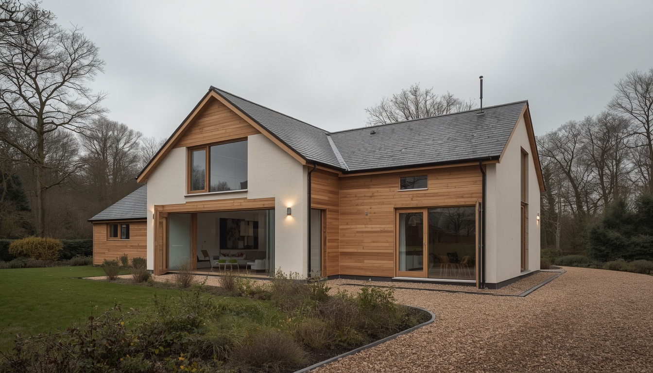 Contemporary Passivhaus home in the British countryside — cedar cladding, render finish, and triple-glazed windows
