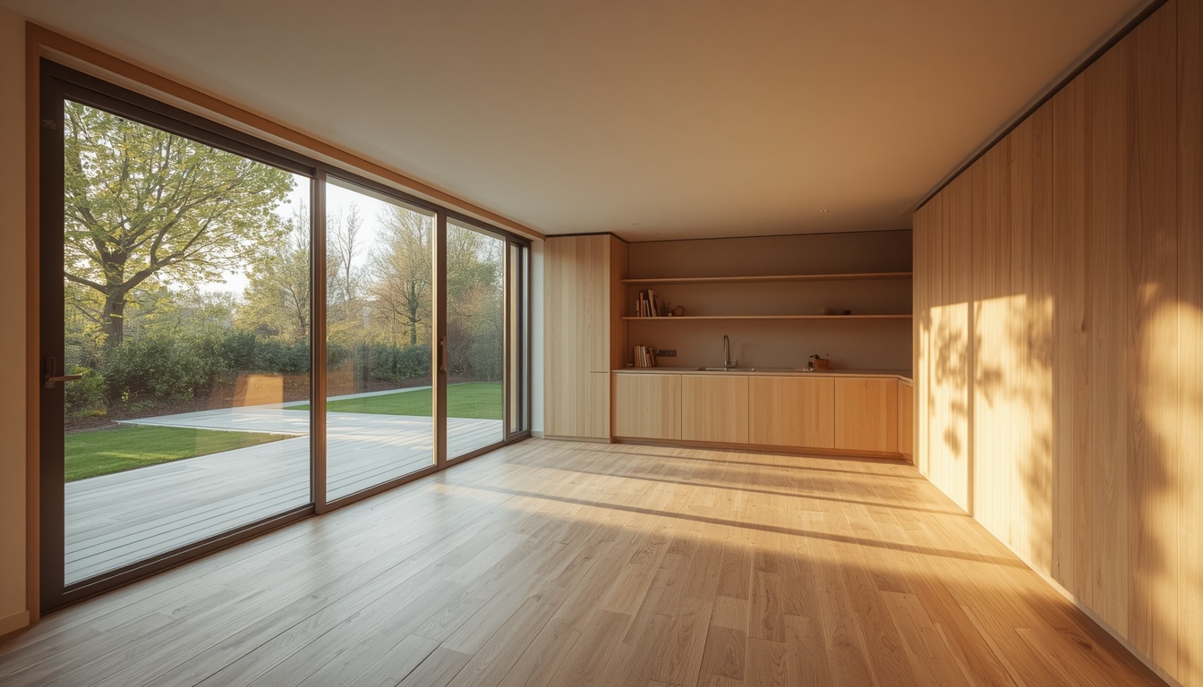 Light-filled Passivhaus interior with large sliding glazed doors, timber flooring, and warm natural light — the result of a fabric-first approach