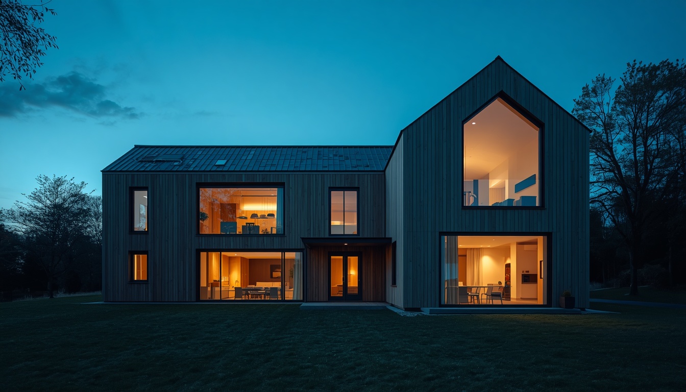 Timber-clad Passivhaus home at dusk, warm light glowing through large windows